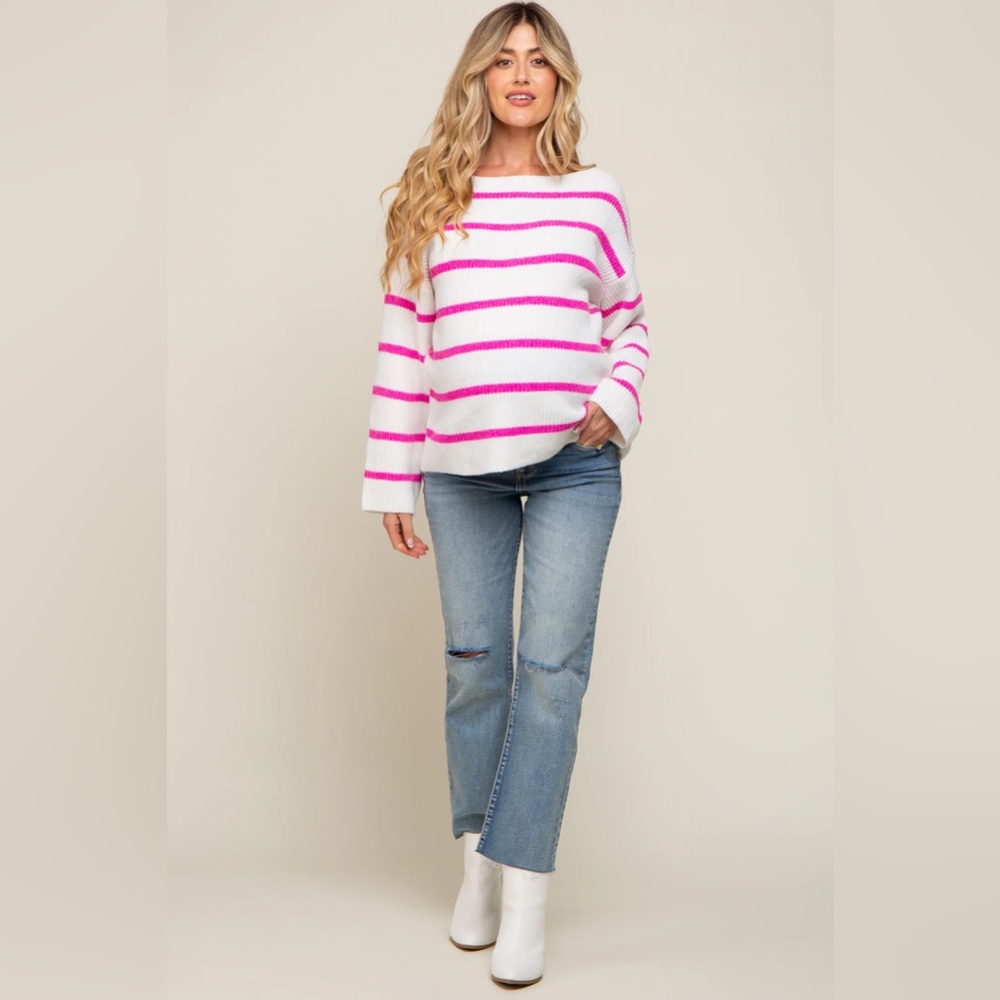 Pink Striped Boat Neck Maternity Sweater